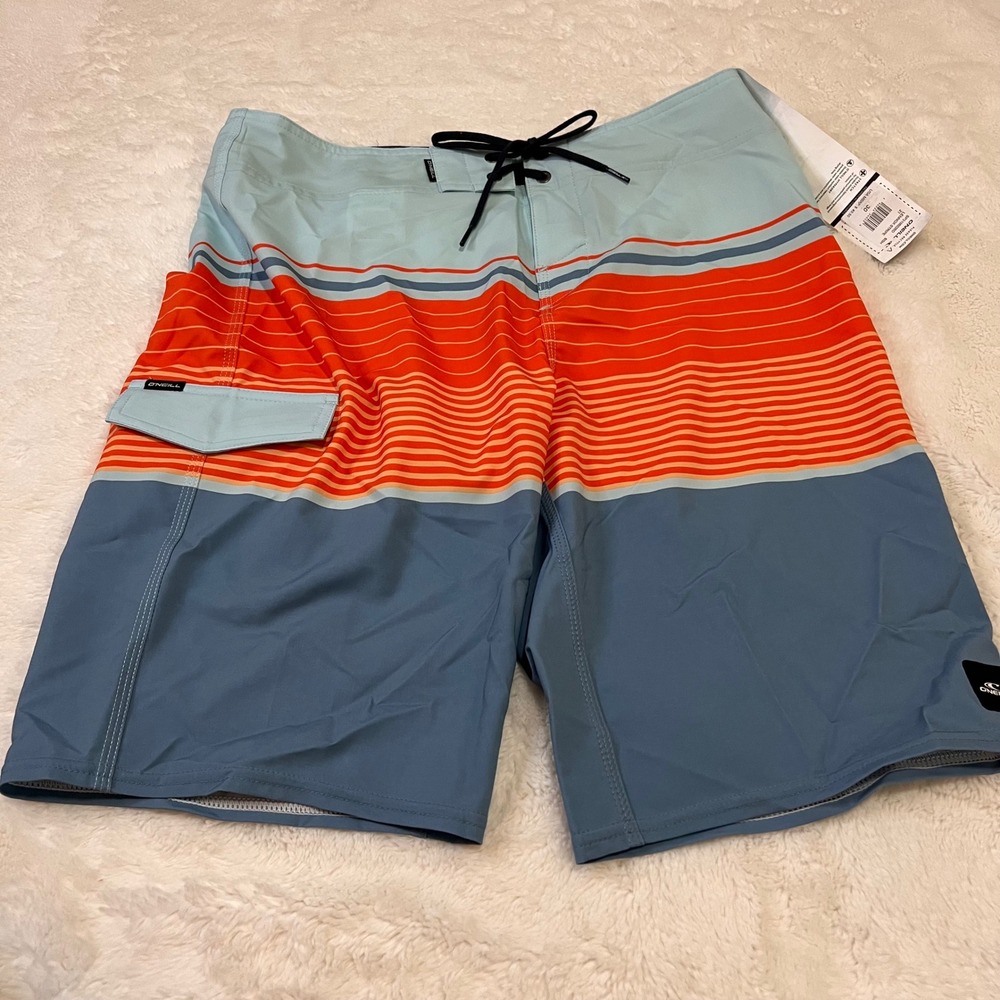 O'Neill Lennox Stripe Board Shorts Swim Trunks Blue Orange‎ Mens Size 30 NWT